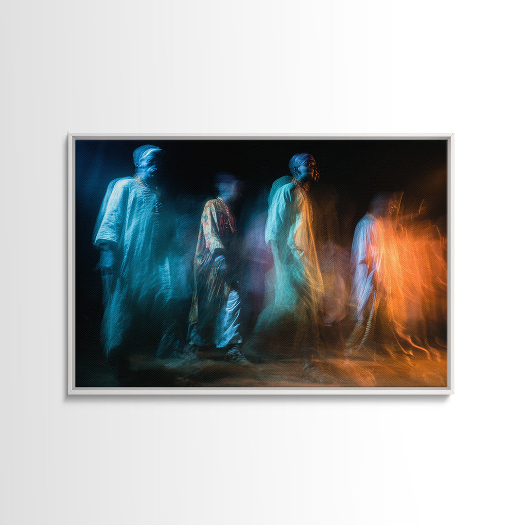 Ghostly African Procession Wall Art, Abstract Figure Canvas Print, Spiritual Wall Decor, Contemporary Art, Blue Orange Decor
