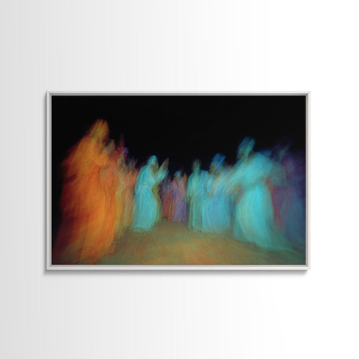 Blurred African Dancers In Orange And Teal Robes Wall Art, Afrocentric Culture Decor, Vibrant Tribal Canvas Print For Home Decor