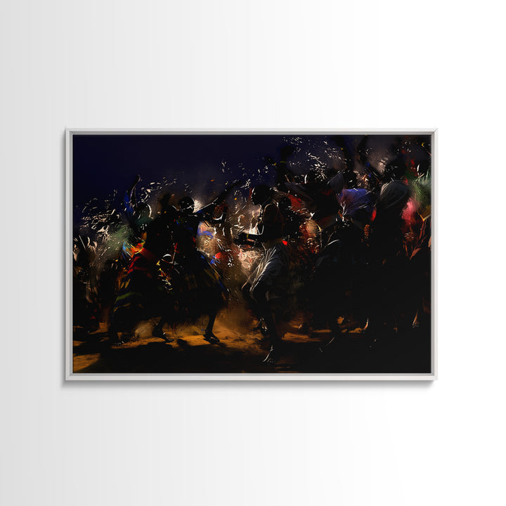 Dramatic African Warriors Dancing With Sparks Wall Art, Black Culture Art Decor, Mystical Tribal Canvas Print For Bold Rooms