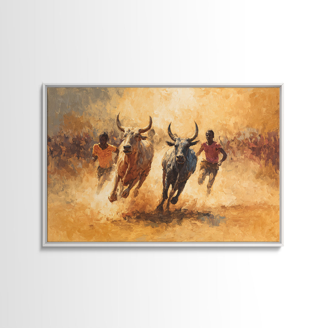 Dusty African Bull Race With Runners Canvas Print, Safari Culture Wall Art, Warm Earth Tone Decor For Living Room Gift Idea