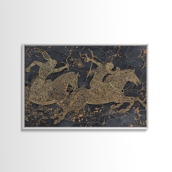 Gold Tribal Horse Warriors On Black Stone Framed Canvas Print, African Warrior Art Decor, Ancient Line Wall Art For Office