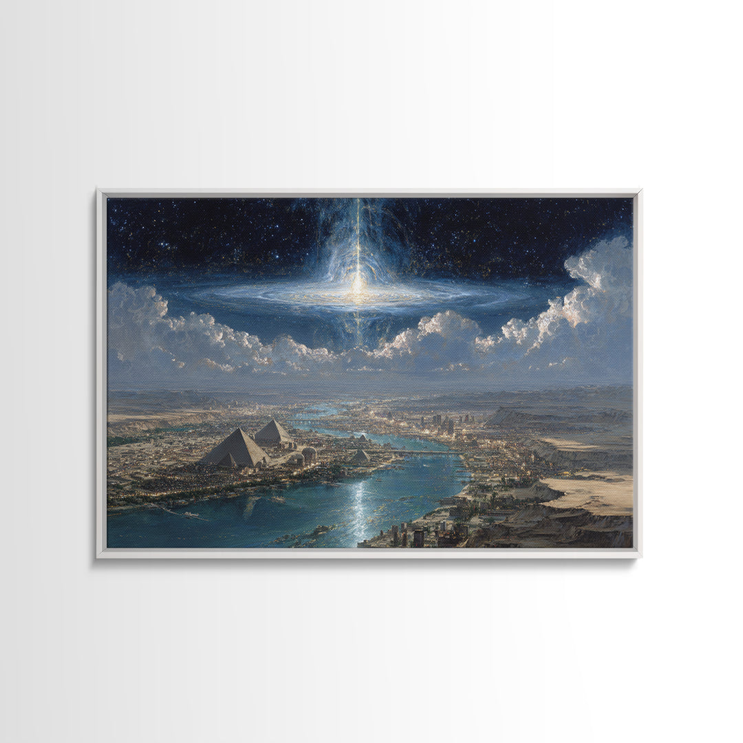 Cosmic Egyptian Pyramids Over Nile, Mystical African Wall Art, Spiritual Desert Landscape, Afrocentric Home Decor Gift Print