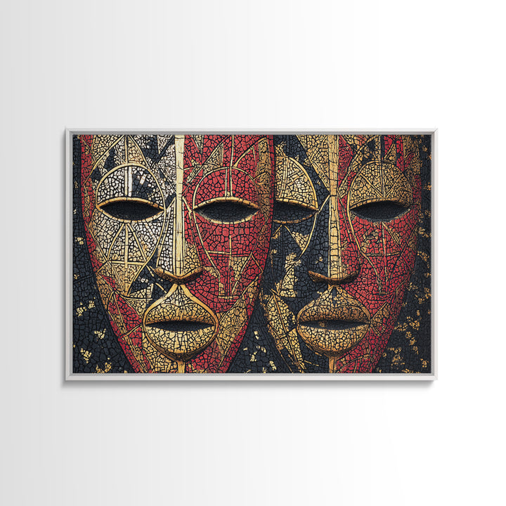 Dual African Tribal Masks In Red Gold Mosaic, Framed Canvas Print, Afrocentric Mask Art, Bold Cultural Wall Decor For Home