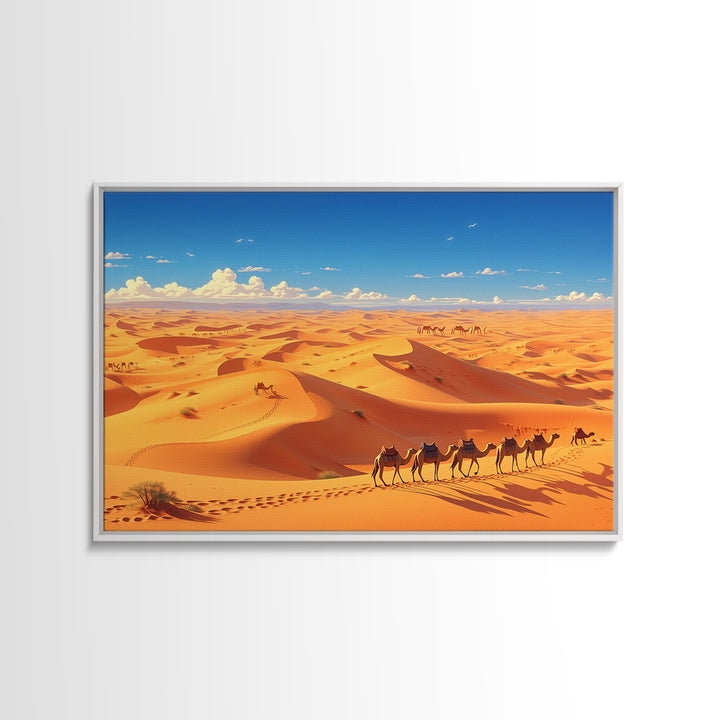 Golden Sahara Dunes With Camel Caravan, African Wall Art, Desert Landscape Print, Travel Decor, Boho Living Room Gift Poster