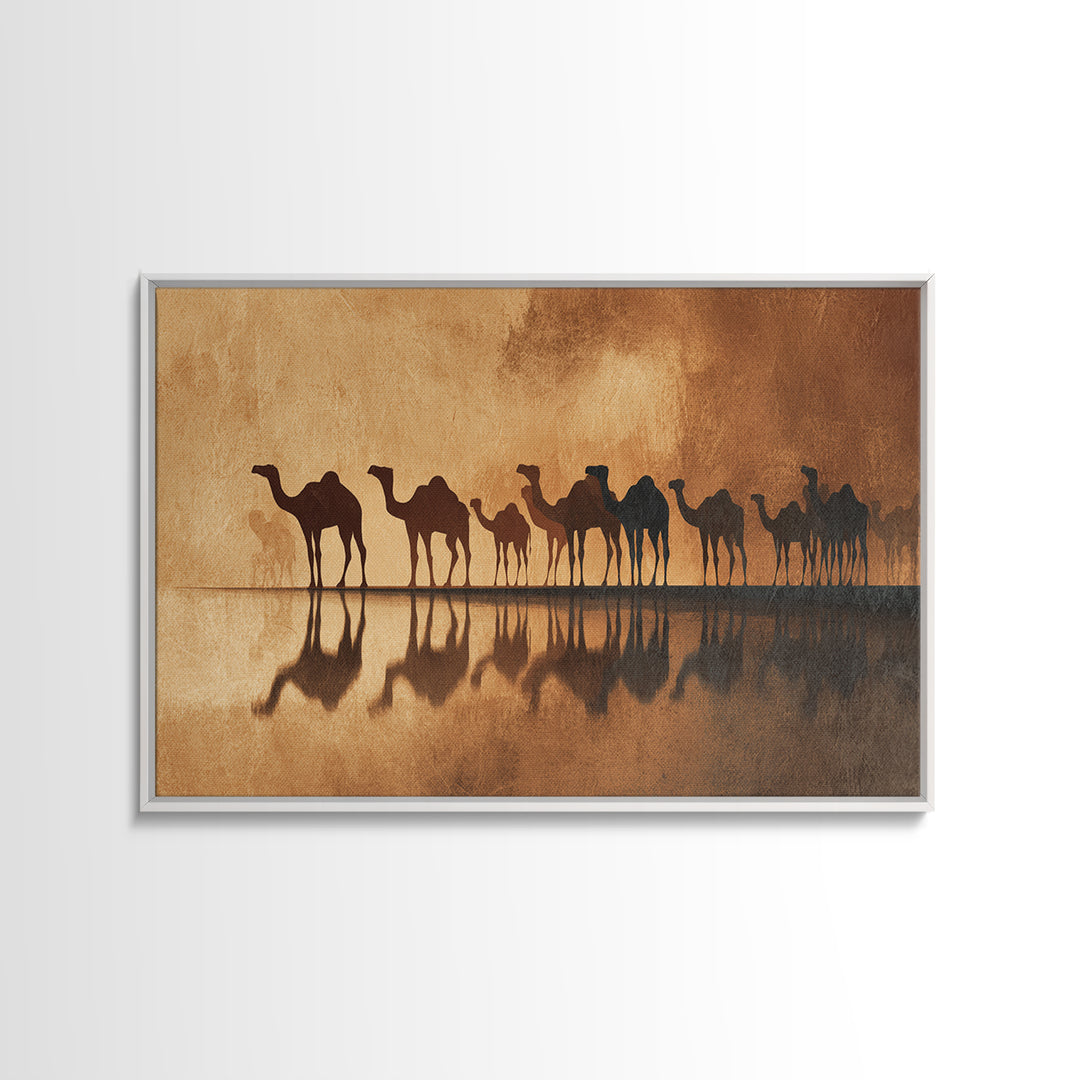 Sepia Camel Caravan Reflections At Dusk, Canvas Print, African Safari Art, Earth Tone Wall Decor, Desert Home Decor Gift