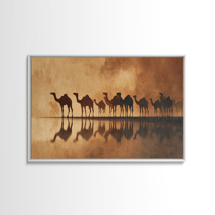 Sepia Camel Caravan Reflections At Dusk, Canvas Print, African Safari Art, Earth Tone Wall Decor, Desert Home Decor Gift