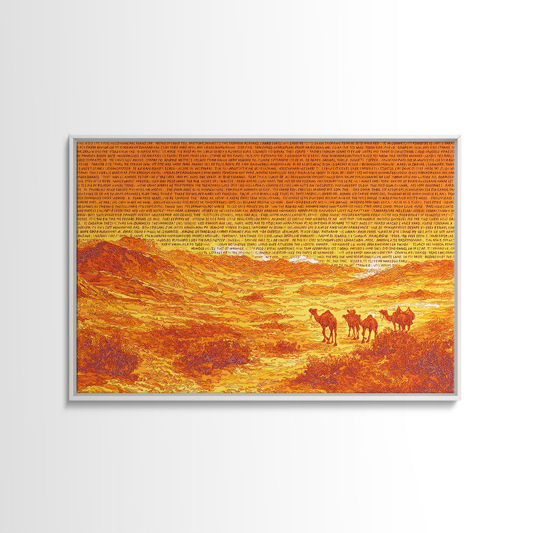 Orange Desert Camel Caravan With Text Texture, African Wall Art, Sahara Landscape Poster, Burnt Orange Boho Decor Gift Print