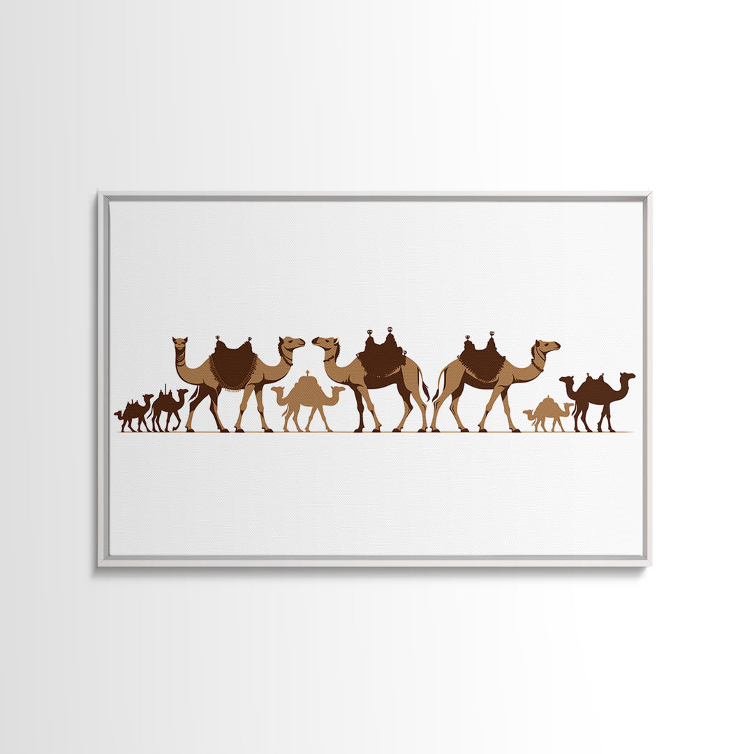 Minimal Camel Caravan Silhouette On White, Framed Canvas Print, African Desert Wall Decor, Neutral Safari Art Gift For Living Room