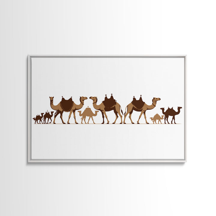 Minimal Camel Caravan Silhouette On White, Framed Canvas Print, African Desert Wall Decor, Neutral Safari Art Gift For Living Room