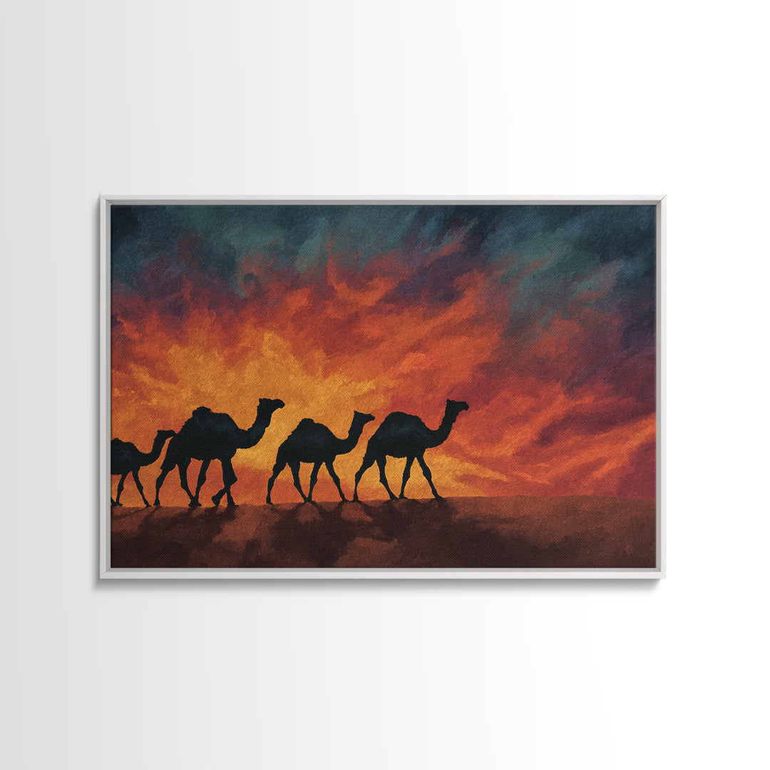 Fiery Sunset Camel Caravan Silhouettes, Canvas Print, African Safari Wall Art, Burnt Orange Desert Decor For Living Room
