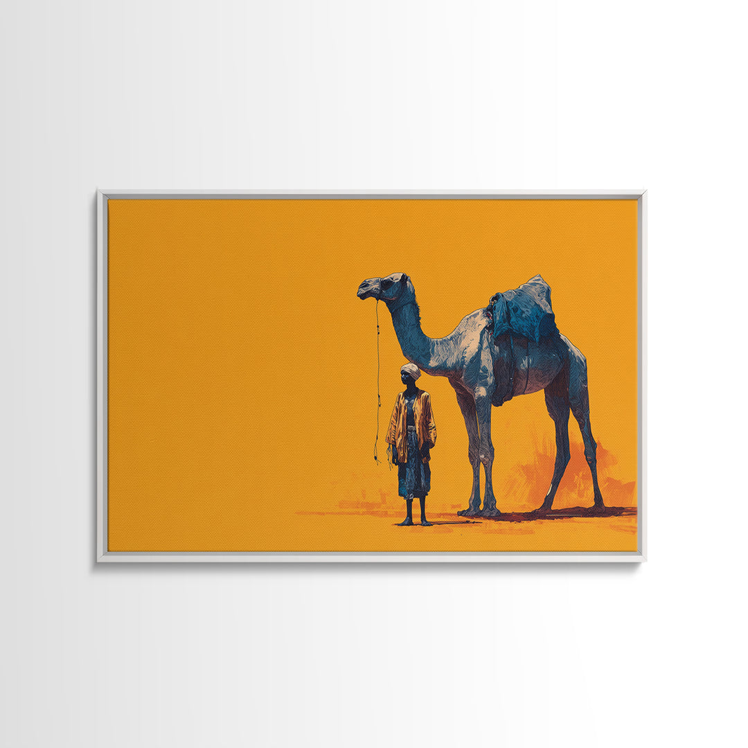 Blue Camel And Tuareg Traveler On Orange, African Wall Art, Minimalist Desert Portrait, Unique Canvas Gift For Him, Home Decor