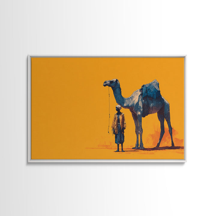 Blue Camel And Tuareg Traveler On Orange, African Wall Art, Minimalist Desert Portrait, Unique Canvas Gift For Him, Home Decor