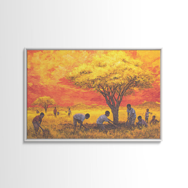 Golden Acacia Tree Planting Wall Art, African Children Landscape, Cultural Safari Decor Canvas For Living Room Home Decor Gift
