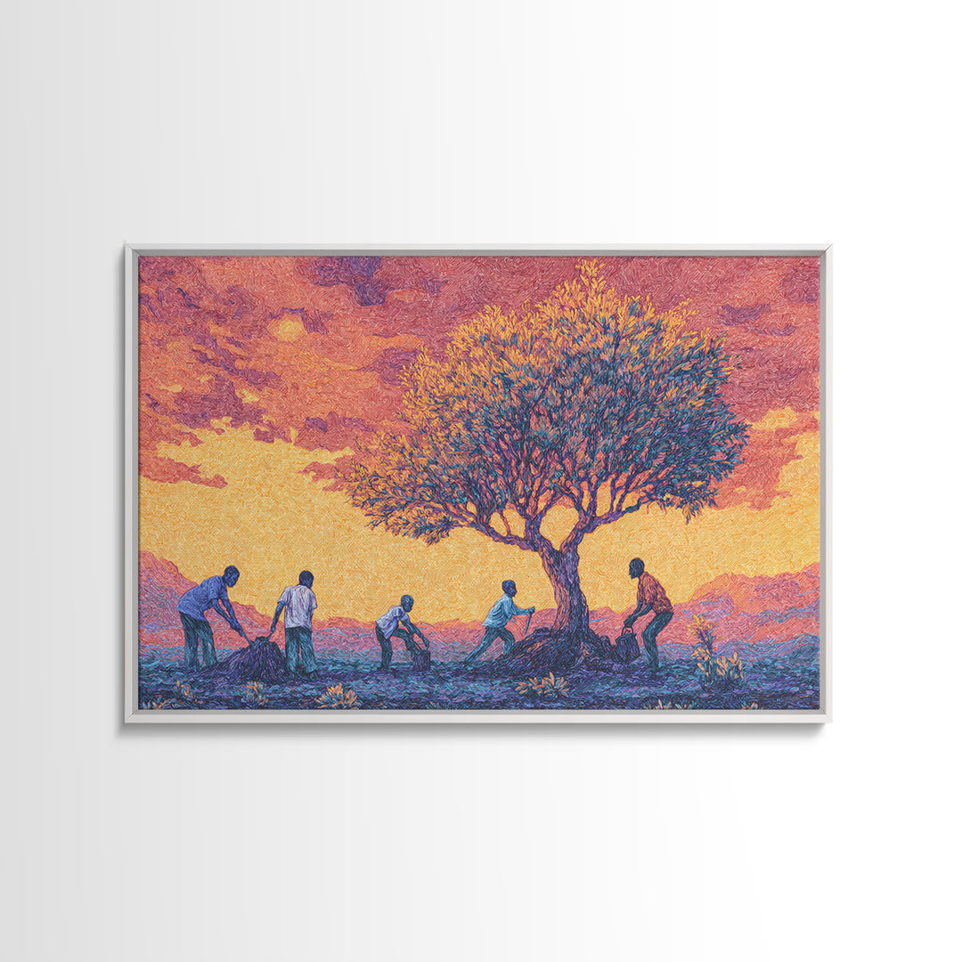 Sunset Acacia Harvest Framed Canvas Print, African Landscape Wall Art, Warm Orange Cultural Safari Decor For Home And Office