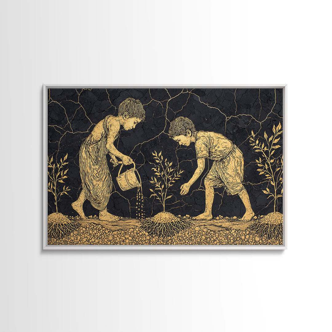 Gold Etched Children Planting Canvas Print, African Culture Art, Black And Gold Farm Scene Wall Decor For Meaningful Gift