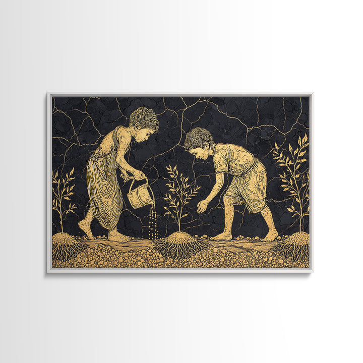 Gold Etched Children Planting Canvas Print, African Culture Art, Black And Gold Farm Scene Wall Decor For Meaningful Gift