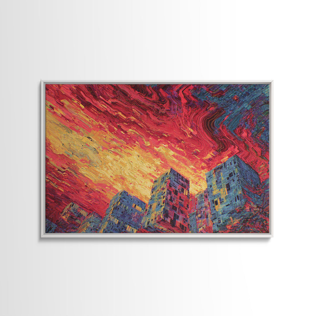 Fiery City Skyline Canvas Print, Modern Urban Wall Art, Bold Red Sunset Architecture Decor For Office Living Room Statement Decor