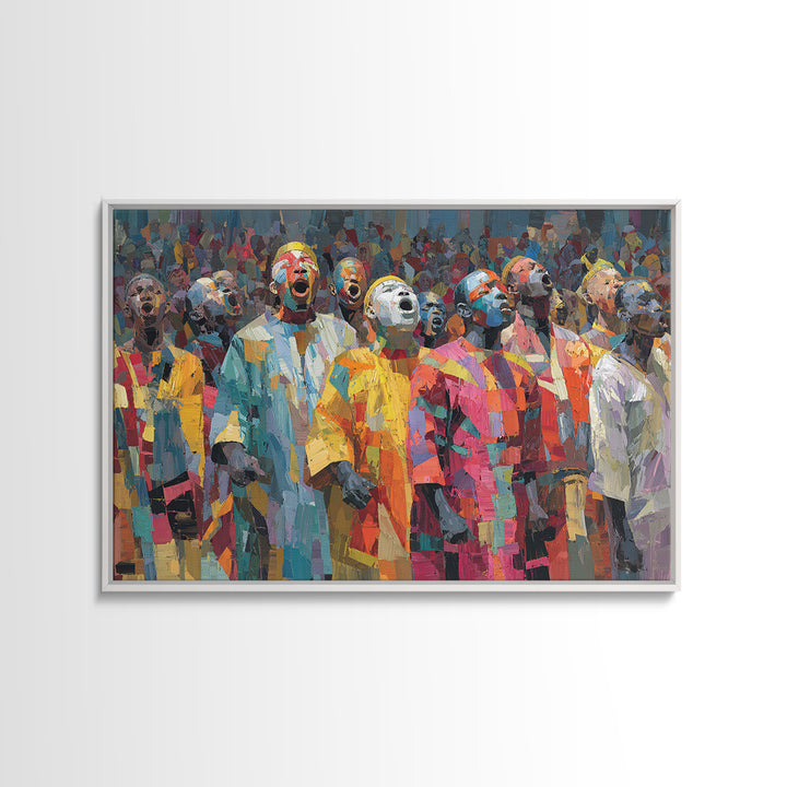 Colorful African Masked Choir Wall Art, Festival Procession Painting, Afrocentric Culture Decor, Bold Gallery Canvas Print