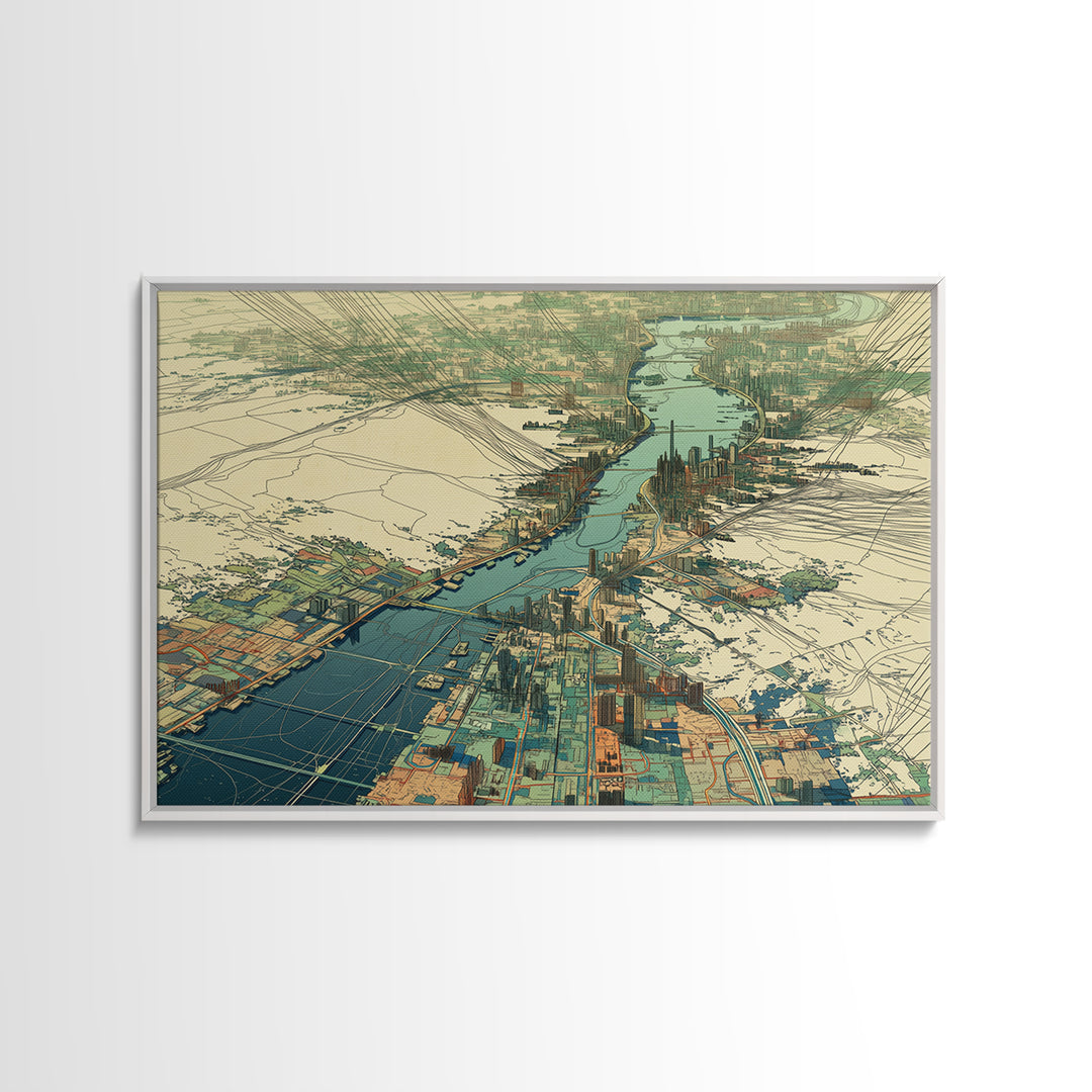 Aerial River City Map Canvas Print, Modern African Travel Inspired Wall Art, Teal Urban Landscape, Statement Office Decor Gift