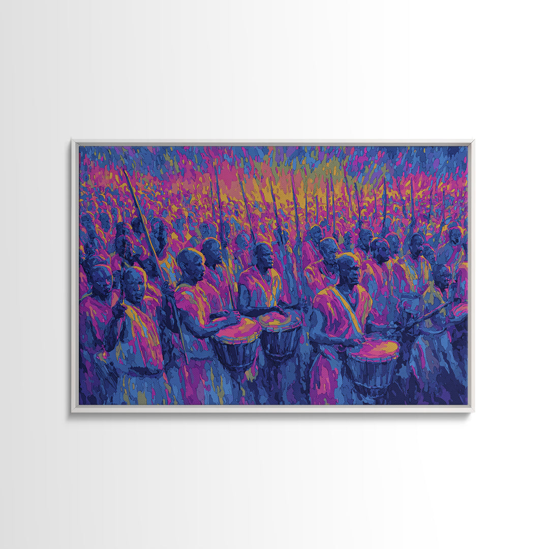 Neon African Drumming Festival Wall Art, Colorful Celebration Painting, Afrocentric Music Decor, Vibrant Living Room Canvas Print
