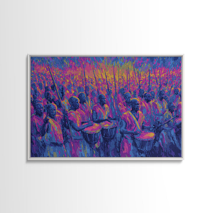 Neon African Drumming Festival Wall Art, Colorful Celebration Painting, Afrocentric Music Decor, Vibrant Living Room Canvas Print