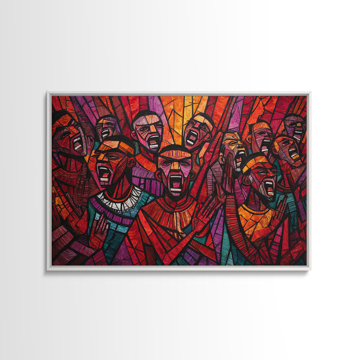 Stained Glass African Choir Wall Art, Bold Red Tribal Celebration Painting, Black Culture Decor, Expressive Canvas Print