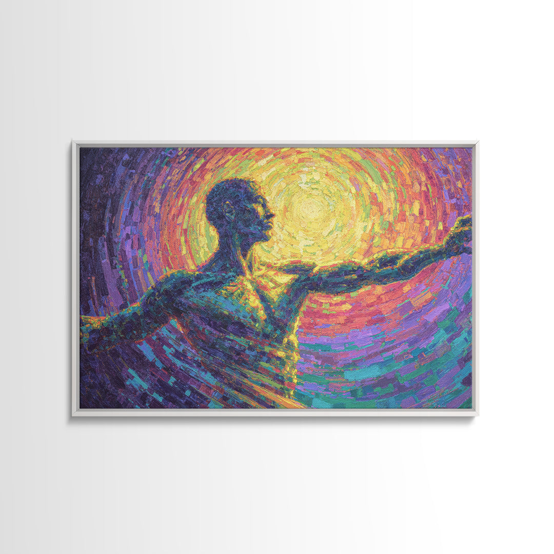 Radiant African Dancer Silhouette Canvas Print, Spiritual Abstract Wall Art, Colorful Black Figure, Meditation Room Decor