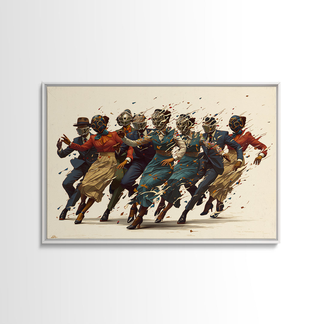 Masked African Jazz Dancers Canvas Print, Afrofuturism Fashion Wall Art, Stylish Black Culture Decor, Unique Home Decor Gift