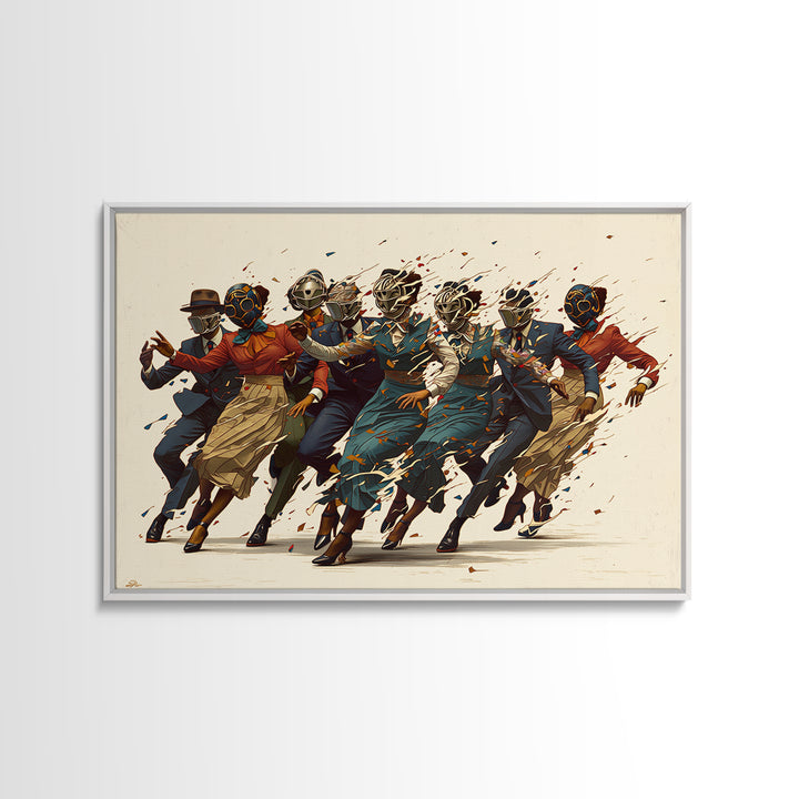 Masked African Jazz Dancers Canvas Print, Afrofuturism Fashion Wall Art, Stylish Black Culture Decor, Unique Home Decor Gift