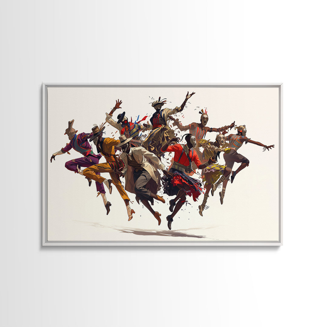 Joyful African Tribal Dancers Wall Art, Dynamic Masquerade Celebration Painting, Afrocentric Decor, Vibrant Canvas Print Gift