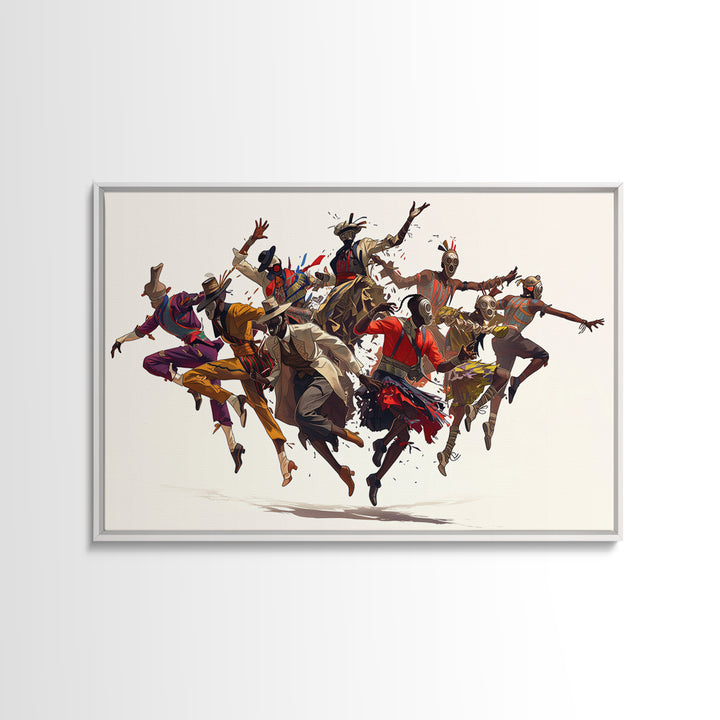 Joyful African Tribal Dancers Wall Art, Dynamic Masquerade Celebration Painting, Afrocentric Decor, Vibrant Canvas Print Gift