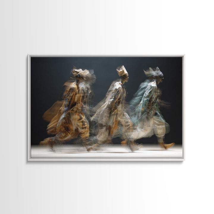 Blurred African Spirit Walkers Framed Canvas Print, Modern Afrocentric Wall Art, Ethnic Home Decor, Dreamy Motion Painting