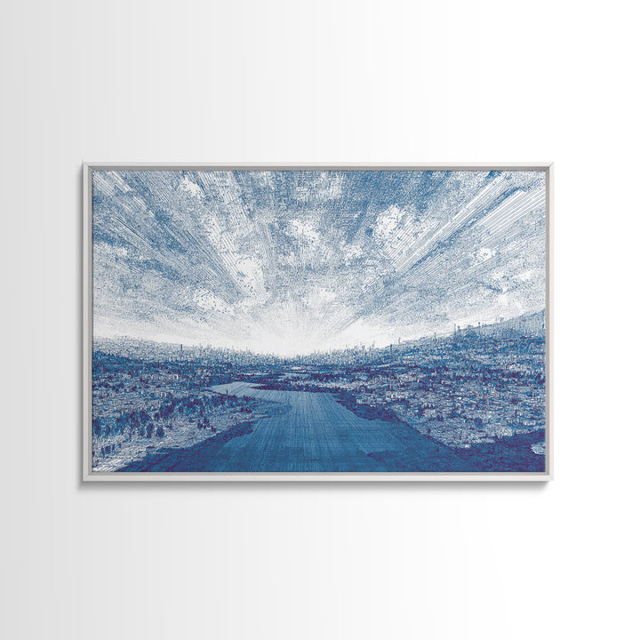 Blue River City Skyline Wall Art, Abstract Landscape Canvas Print, Modern Office Decor, Coastal Urban Artwork In Cool Tones