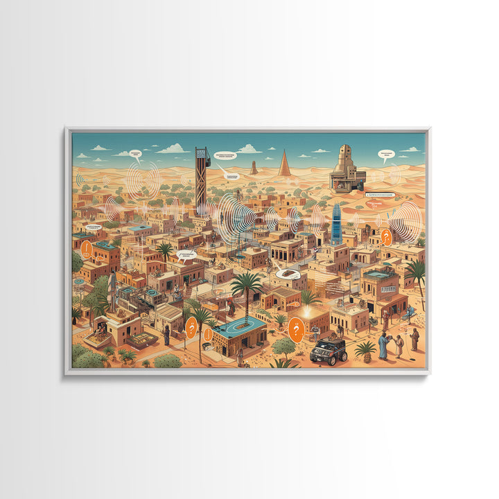 Afrofuturist Desert City With Radio Signals Wall Art, African Landscape, Modern Canvas Art, Tech Inspired Office Decor Print