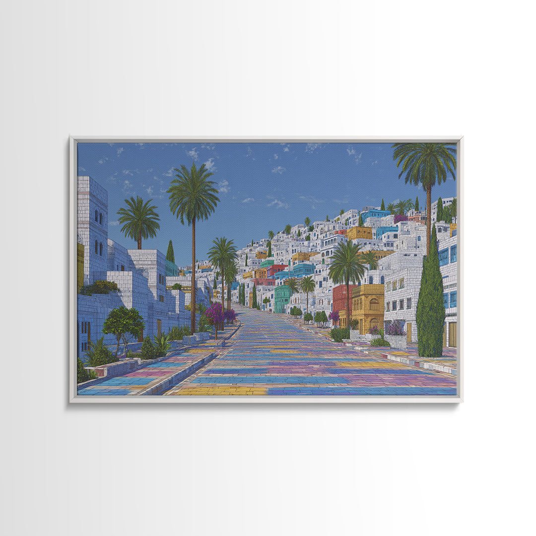 Sunny White Hillside Street With Rainbow Steps Canvas Print, Morocco Africa Travel Poster, Blue Palm Tree Wall Decor Art