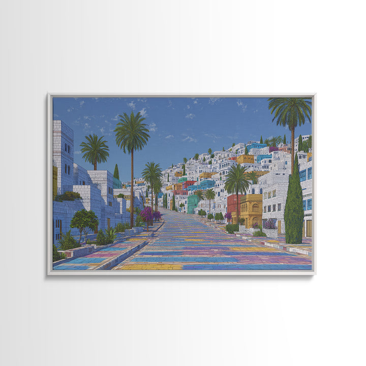 Sunny White Hillside Street With Rainbow Steps Canvas Print, Morocco Africa Travel Poster, Blue Palm Tree Wall Decor Art