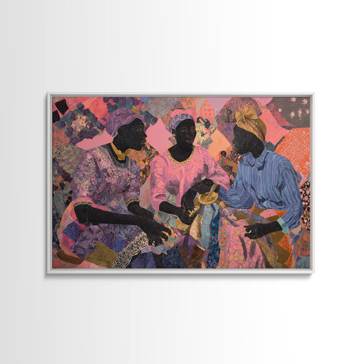 Three African Women Sharing Tea Framed Canvas Print, Textile Art, African Fabric, Black Women Art, Cultural Home Decor Gift