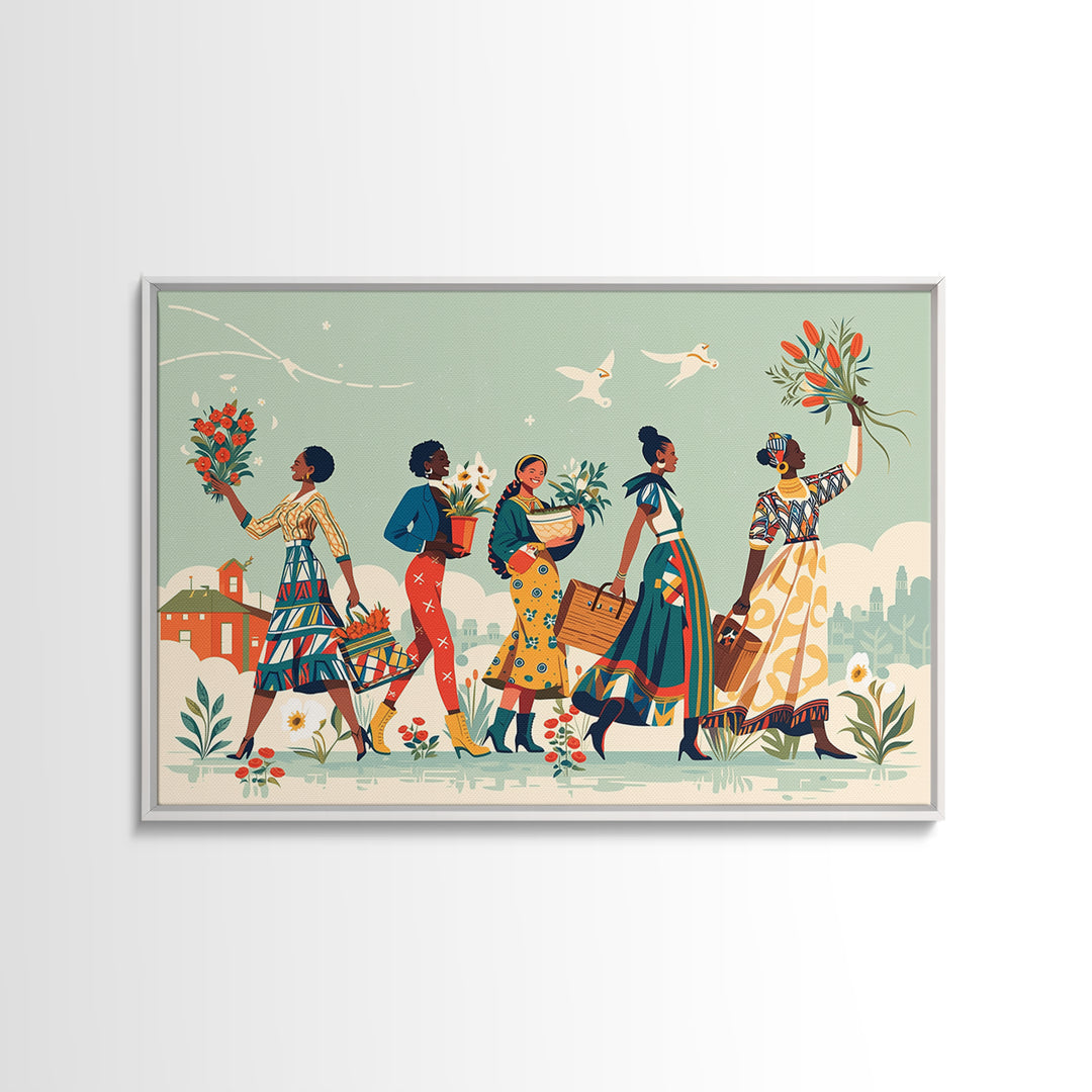 Joyful African Women Carrying Flowers Wall Art, Feminine Wall Decor, Ankara Inspired Print, Black Girl Magic Home Decor Gift