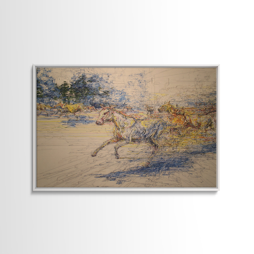 Galloping Horses In Dynamic Sketch Canvas Print, Abstract Painting, Statement Modern Wall Decor, Rustic Living Room Art Gift