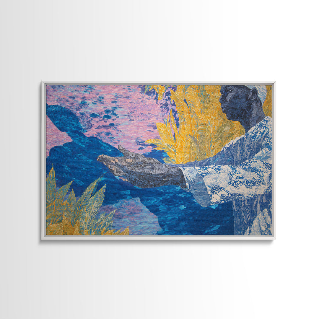 Blue Gold Figure With Open Hands Framed Canvas Print, Black Man Wall Art, Spiritual Wall Decor, African Inspired Home Decor Gift