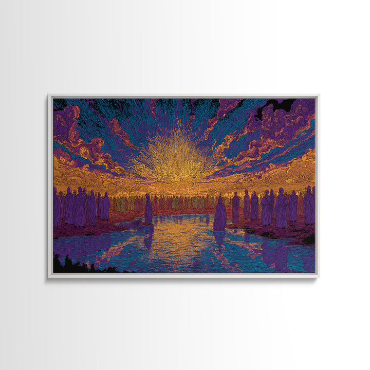 Vibrant Sunset Gathering By Water Wall Art, Mystical Wall Art, Spiritual Decor, Colorful African Art Print Large Canvas Gift