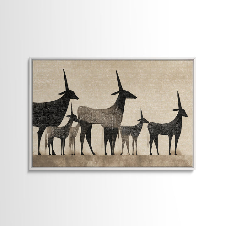Minimalist Antelope Family Silhouette Canvas Print, African Safari Art, Neutral Tribal Decor, Beige Living Room Wall Decor