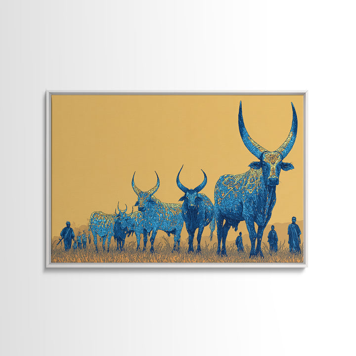 Blue Ornate Ankole Cattle Herd Canvas Print, African Safari Art, Tribal Animal Decor, Golden Savanna Statement Wall Art Print