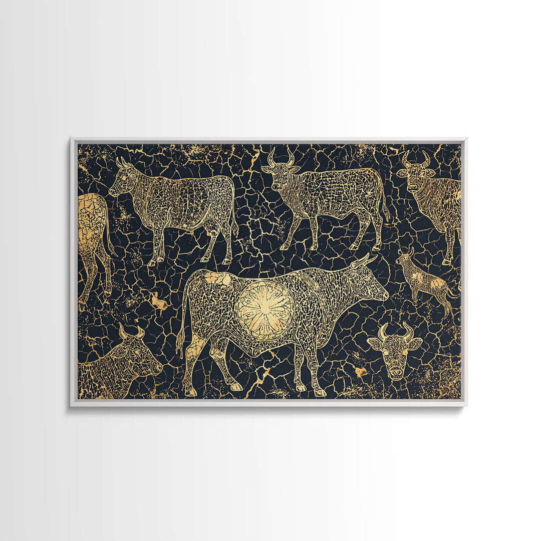 Gold Line Cattle On Cracked Black Canvas Print, African Tribal Art, Rustic Animal Pattern, Bold Ethnic Wall Decor, Home Decor