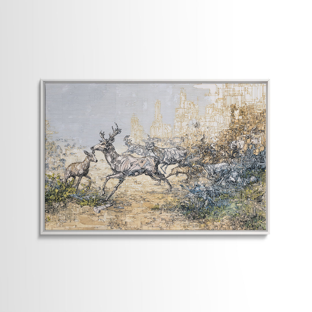 Leaping Antelope Beside Abstract City Skyline Wall Art, African Safari Art Print, Modern Nature Scene, Office Decor Gift