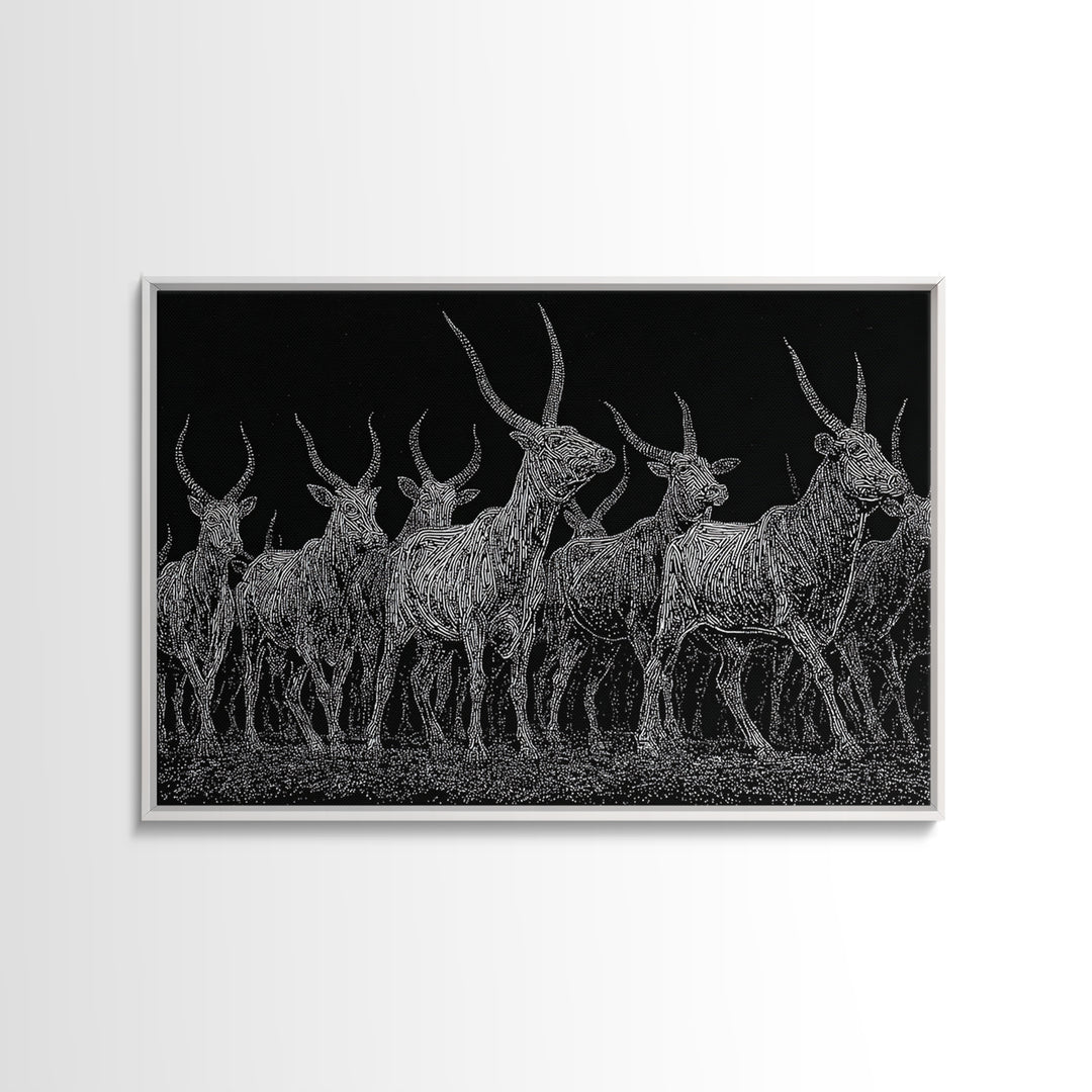Black And White Ankole Herd At Night Canvas Print, African Animal Art, Minimalist Safari Decor, Bold Statement Wall Art Print