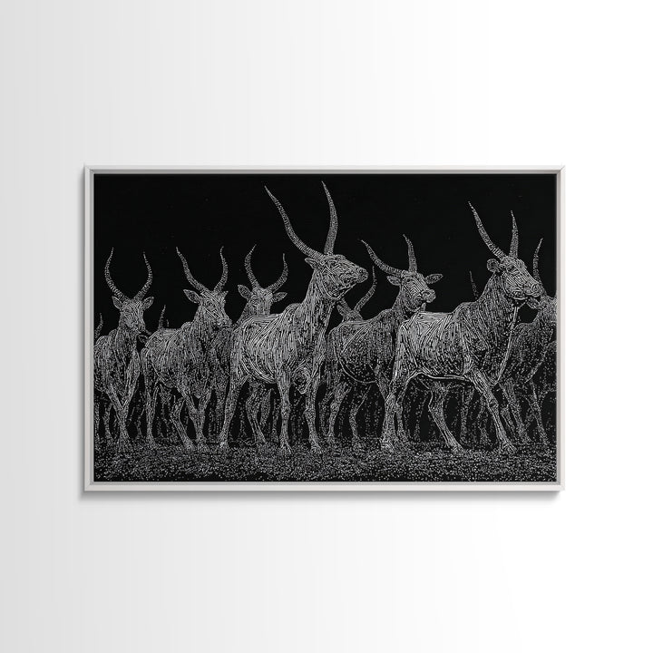 Black And White Ankole Herd At Night Canvas Print, African Animal Art, Minimalist Safari Decor, Bold Statement Wall Art Print