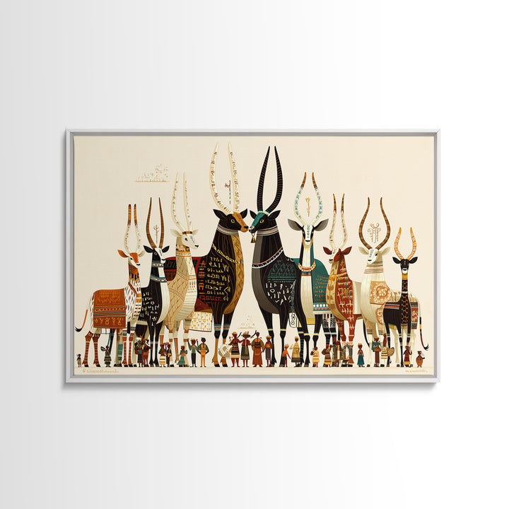 Stylized Sacred Cattle And Villagers Framed Canvas Print, African Egyptian Art, Tribal Culture Decor, Colorful Wall Art Print