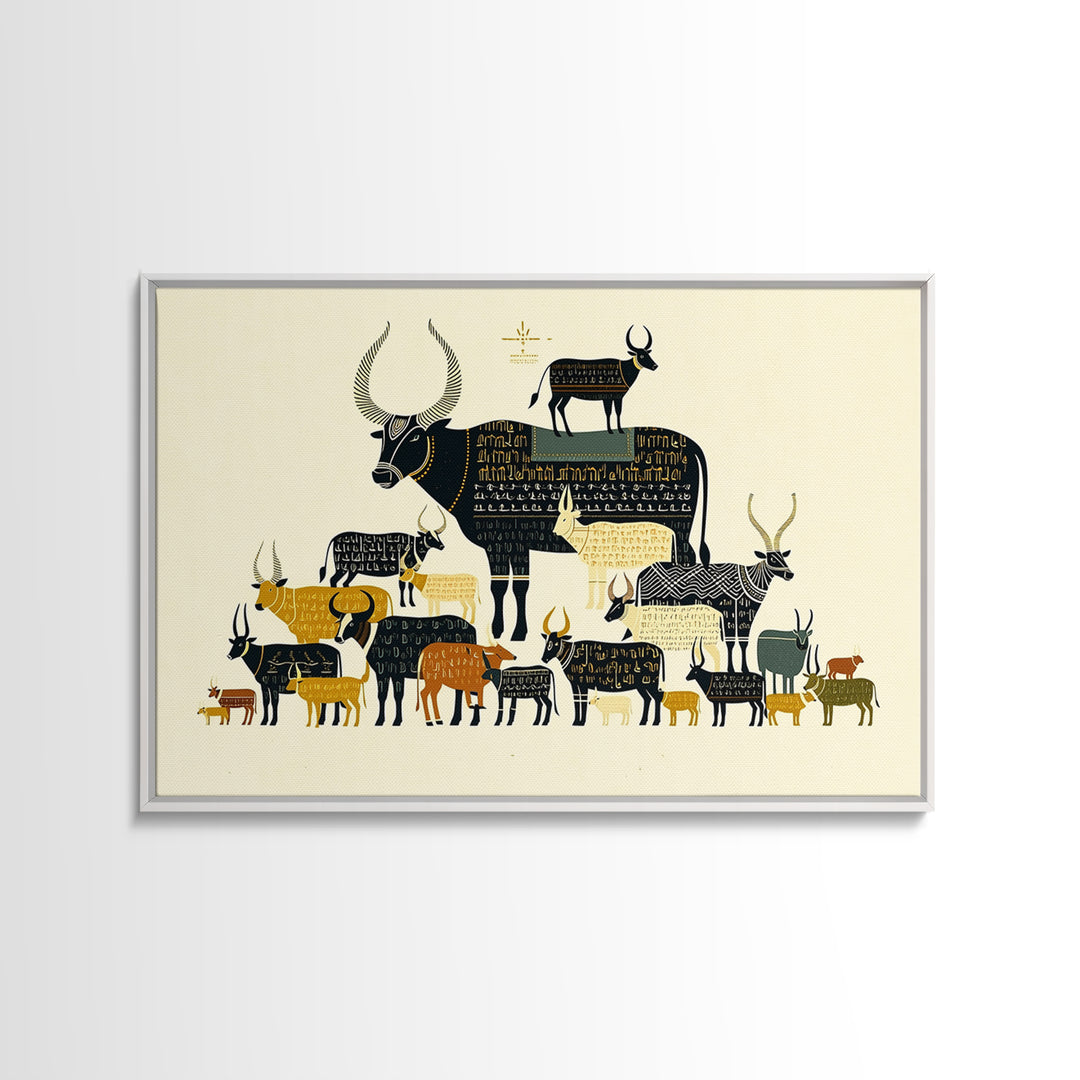Stacked Sacred Cattle Hieroglyph Inspired Canvas Print, African Egyptian Art, Tribal Animal Decor, Unique Wall Art Print