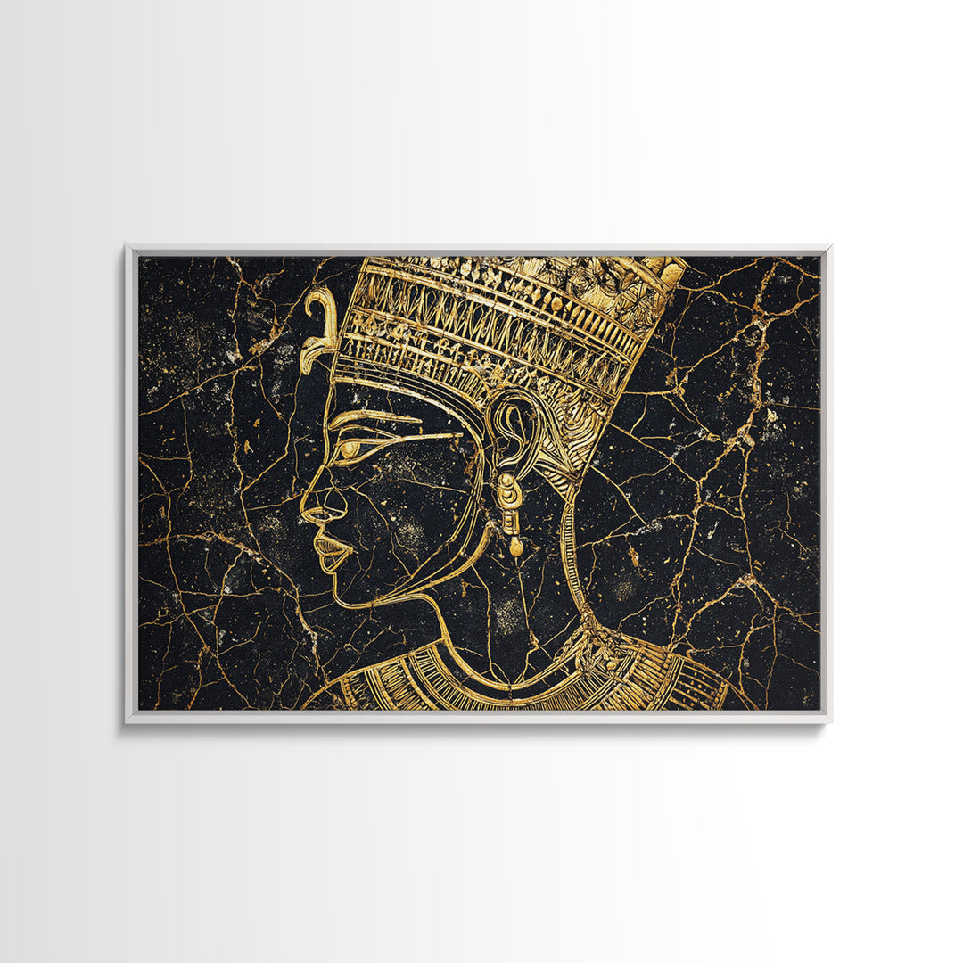 Gold Egyptian Queen Profile On Black Marble Wall Art, African Portrait, Afrocentric Decor, Black And Gold Cultural Home Decor